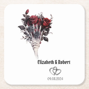 Gothic Red Roses Skeleton Wedding Square Paper Coaster