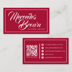 Gothic Red Script Name QR Code Tattoo Artist Business Card