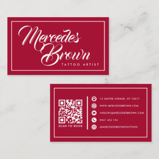 Gothic Red Script Name QR Code Tattoo Artist Business Card