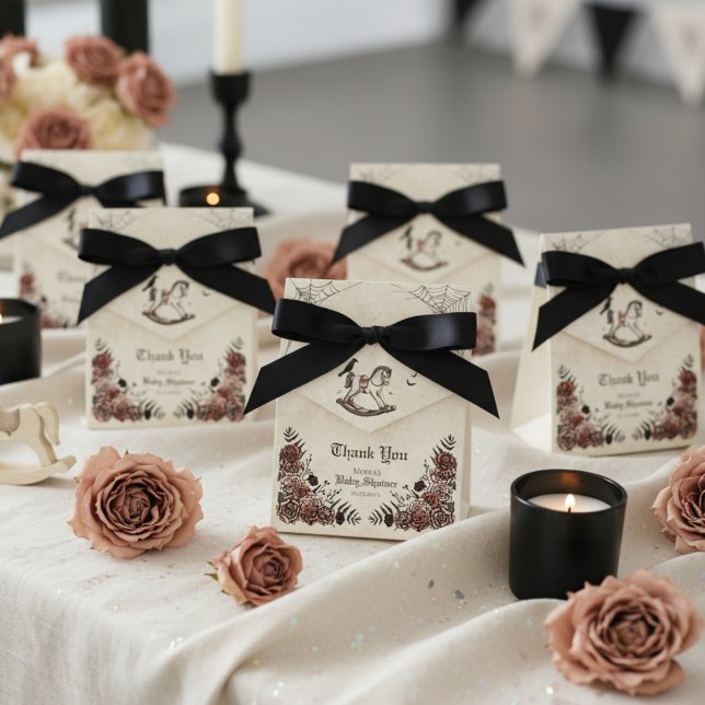 Gothic Rocking Horse Halloween Baby Shower Favour Box (Elegant Gothic Baby Shower Favor Box. Hand Drawn Victorian Rocking Horse, Pink Roses, Black Raven)