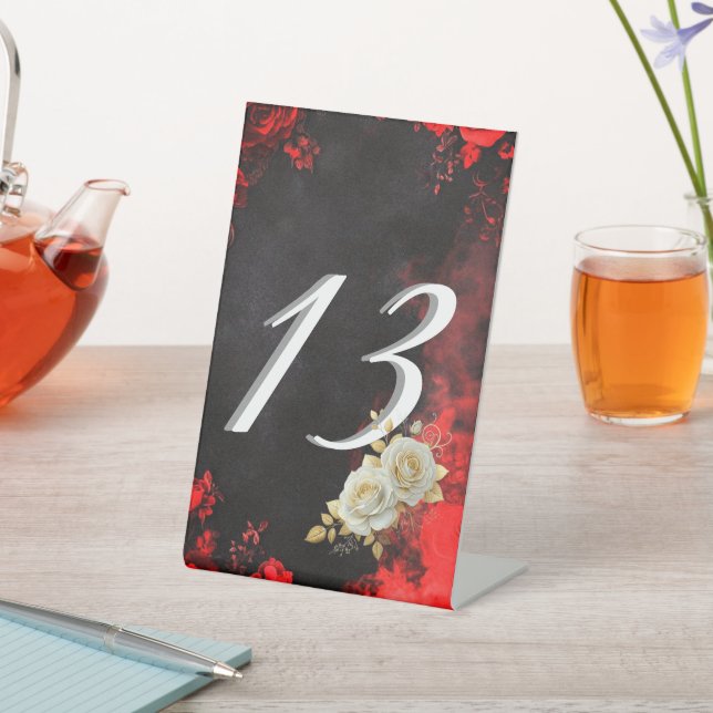Gothic Romance Black & Red Rose Wedding Table Numb Pedestal Sign (In SItu)
