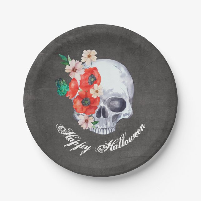 Gothic Romance Floral Skull Halloween Paper Plate (Front)
