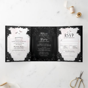 Gothic Romance Halloween Black & White Tri-Fold Invitation