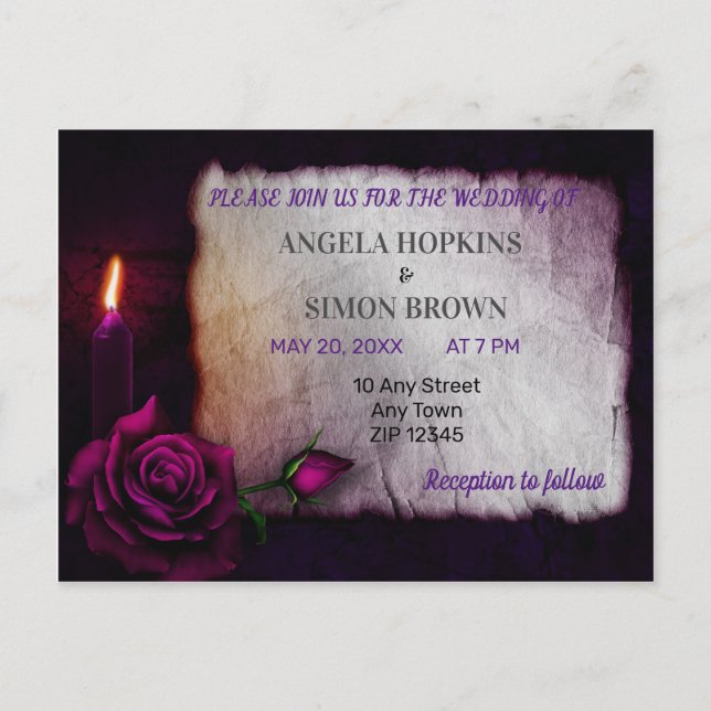 Gothic Romance Purple Rose Candle Light Wedding Invitation Postcard (Front)