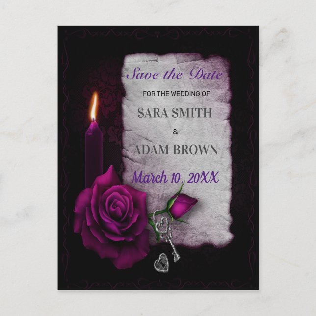 Gothic Romance Save the Date Purple Rose Candle Announcement Postcard (Front)