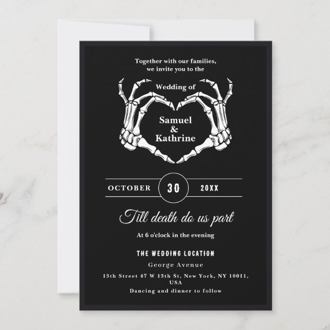 Gothic Romantic Skeleton Hand Halloween Wedding Invitation (Front)