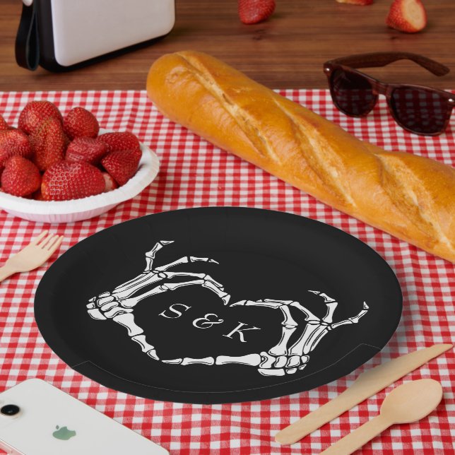 Gothic Romantic Skeleton Hand Halloween Wedding Paper Plate (Picnic)