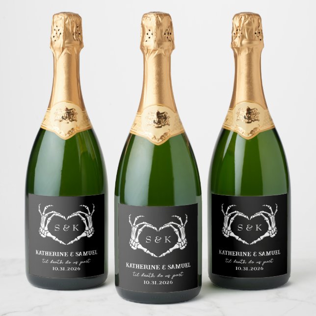 Gothic Romantic Skeleton Hand Halloween Wedding Sparkling Wine Label (Bottles)