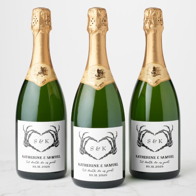 Gothic Romantic Skeleton Hand Halloween Wedding Sparkling Wine Label (Bottles)
