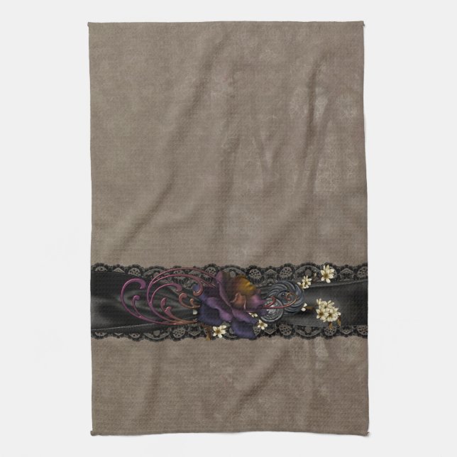 Gothic Rose and Black Lace Tea Towel (Vertical)