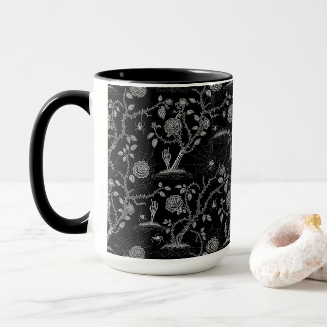 Gothic Rose and Bone Pattern Mug (With Donut)