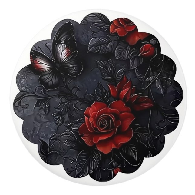Gothic Rose and Butterfly Design Ceramic Knob (Front)