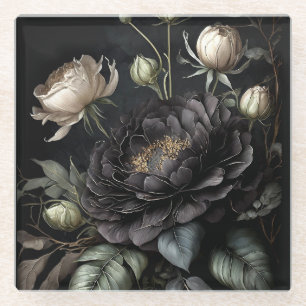  Gothic Rose Arrangement Black Flower Glass Coaster