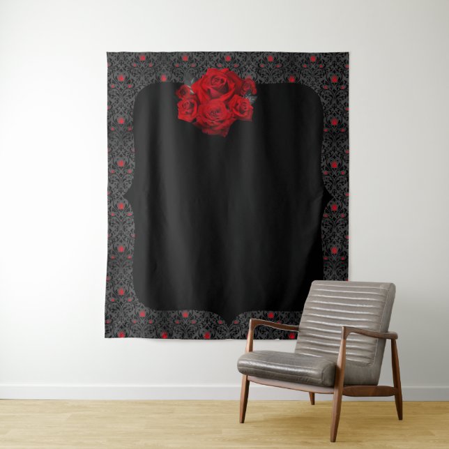 Gothic Rose Black and Red Romantic Backdrop Tapestry (In Situ)