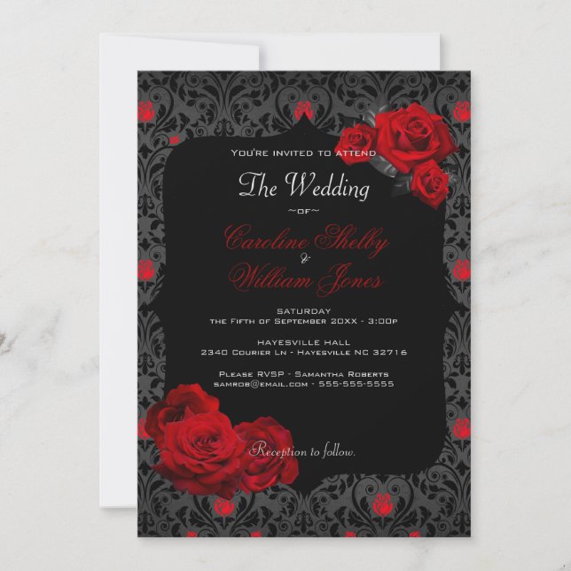Gothic Rose Black and Red Wedding Invitation (Front)