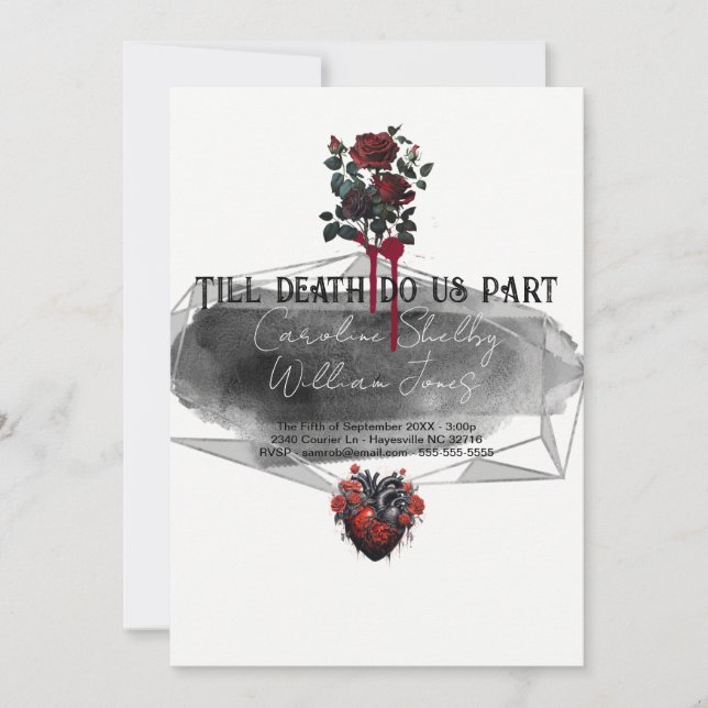 Gothic Rose Black Red Heart Blood Drip Invitation (Front)