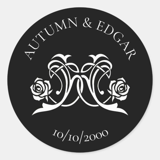 Gothic Rose Black White Wedding Classic Round Sticker (Front)