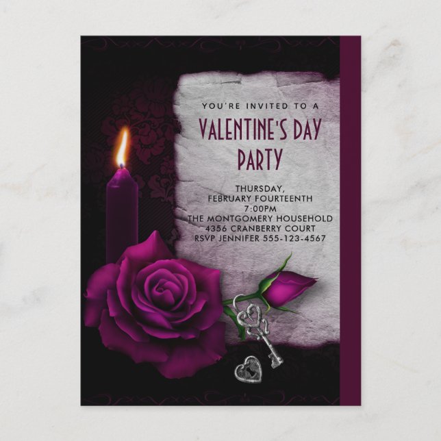 Gothic Rose, Candle and Locket Valentine Party Postcard (Front)