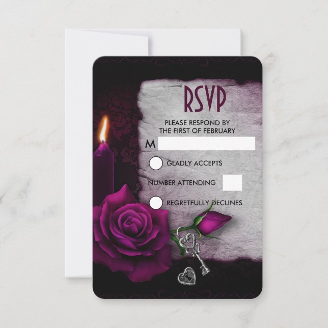 Gothic Rose, Candle, and Parchment Wedding RSVP Card (Front)