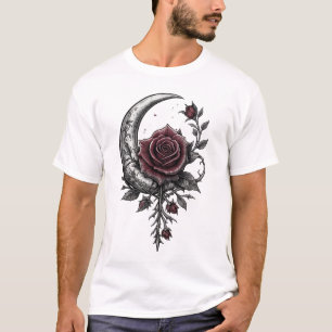 Gothic Rose Crescent Moon Dark Floral Artwork T-Shirt