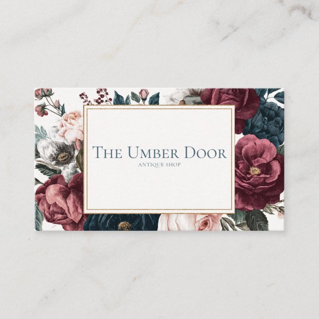 Gothic Rose Floral Burgundy and Navy Gold Frame Business Card (Front)