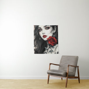 Gothic Rose Halloween Elegant Vampire Girl Art Tapestry