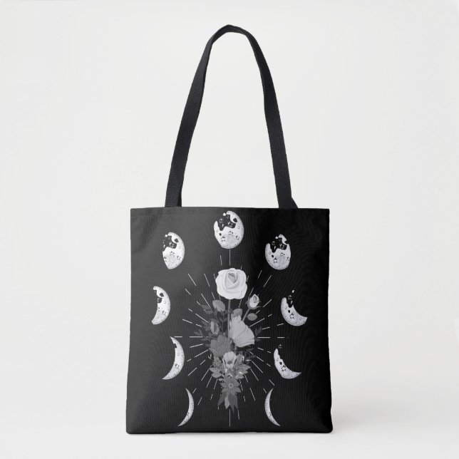 Gothic Rose Moon phases Witchy Crescent Tote Bag (Front)