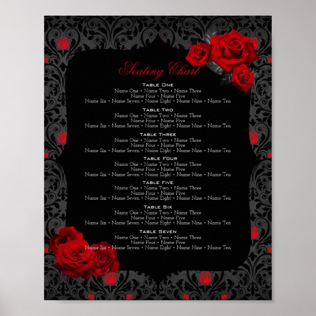 Gothic Rose Red and Black Table Number Poster (Front)