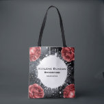 Gothic Rose Wedding Frame Bridesmaids Favour Tote Bag<br><div class="desc">A symmetrical floral design featuring four large red roses arranged in a square pattern against a dark black background. Each rose is detailed with multiple layers of petals, creating a deep crimson colour with subtle gradients. The roses are positioned at the top and bottom corners of the frame, with each...</div>