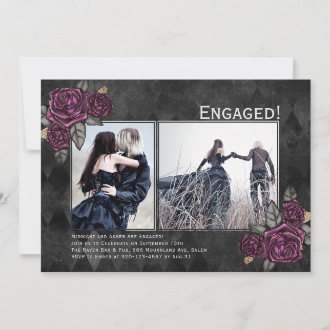 Gothic Roses 2 Photo Black Wedding Engagement Invitation (Front)