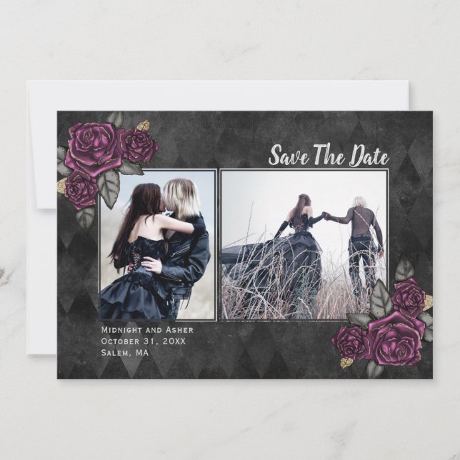 Gothic Roses 2 Photo Black Wedding Save the Date (Front)