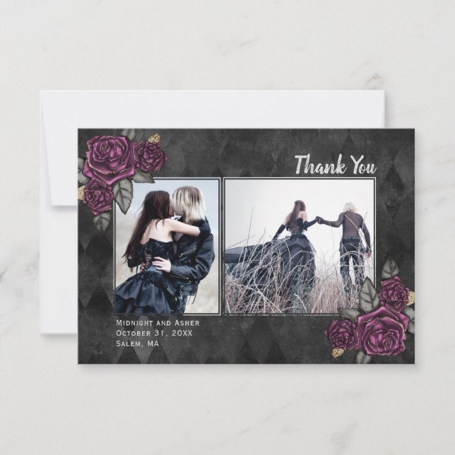 Gothic Roses 2 Photo Black Wedding Thank You Card (Front)