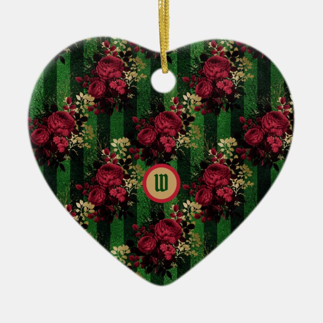 Gothic Roses and Stripes with Initial Ceramic Tree Decoration (Front)