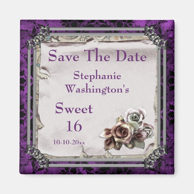Gothic Roses & Black Damask 16th Save The Date Magnet (Front)