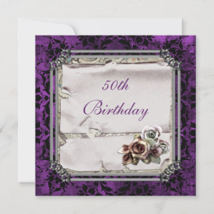 Gothic Roses & Black Damask 50th Birthday Invitation