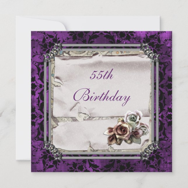Gothic Roses & Black Damask 55th Birthday Invitation (Front)