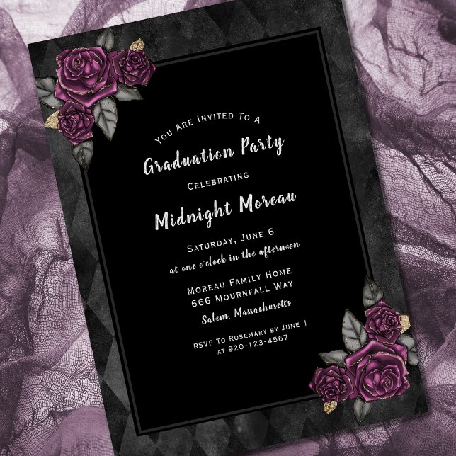 Gothic Roses Black Graduation Invitation (Creator Uploaded)