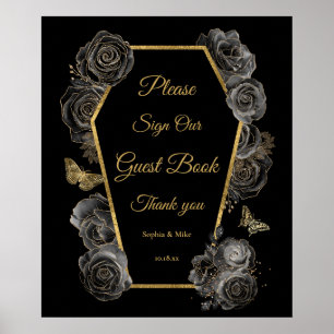 Gothic Roses Coffin Wedding Guest Book Table Sign