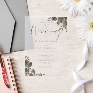 Gothic Roses Floral Black And Gold Wedding Vellum Invitations