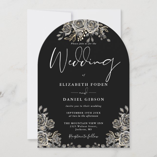 Gothic Roses Floral Black And White Arch Wedding Invitation (Front)