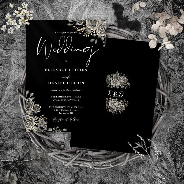 Gothic Roses Floral Black And White Wedding Invitation (Gothic Roses Floral Black And White Wedding Invitation)