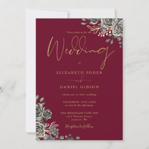 Gothic Roses Floral Burgundy And Gold Wedding Invitation