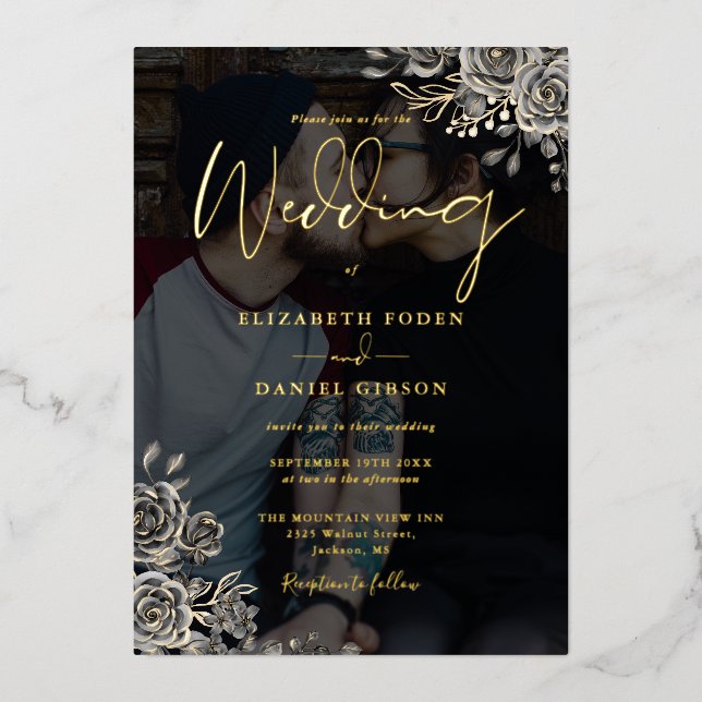 Gothic Roses Floral Photo Wedding Black And Gold (Front)