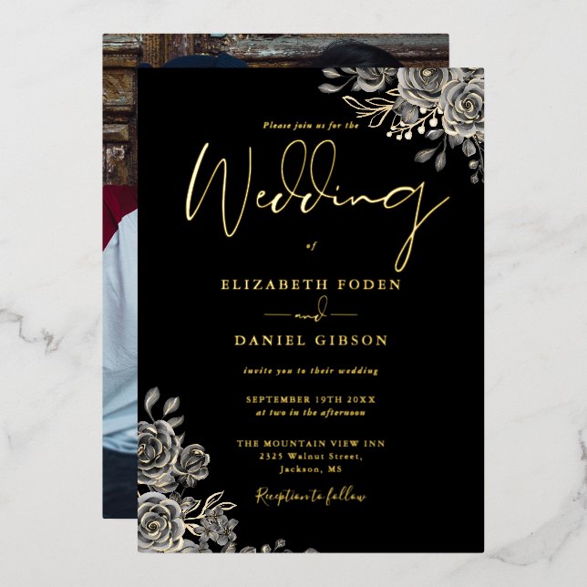 Gothic Roses Floral Photo Wedding Black And Gold (Front/Back)