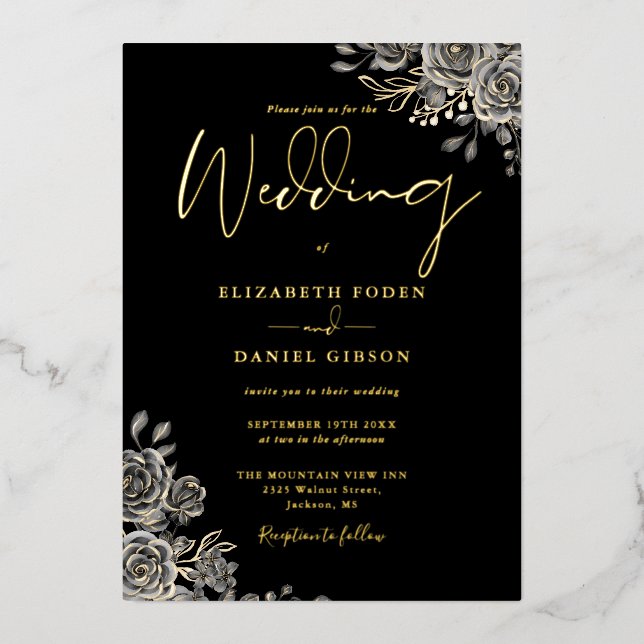 Gothic Roses Floral Wedding Black And Gold (Front)