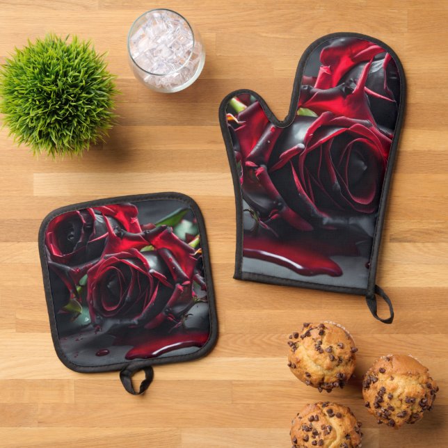 Gothic Roses Oven Mitt & Pot Holder Set (Top Down)