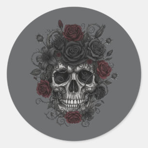 Gothic Roses Skull – Día de los Muertos Classic Round Sticker