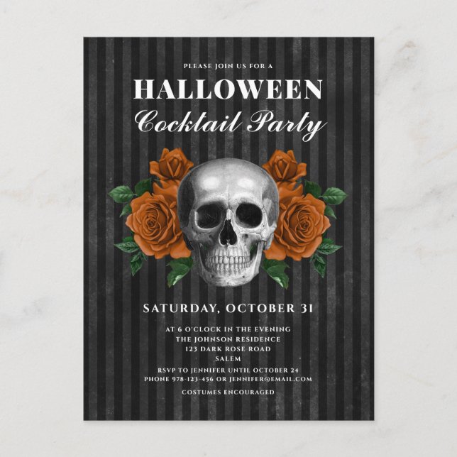 Gothic Roses & Skull Halloween Cocktail Party Postcard (Front)