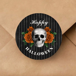 Gothic Roses & Skull Happy Halloween Classic Round Sticker