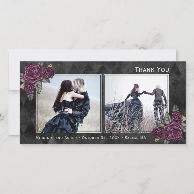 Gothic Roses Two Photo Black Thank You Card (Front)